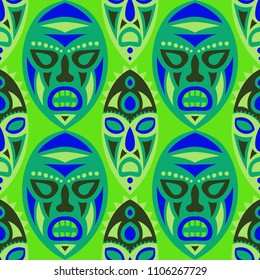 Seamless Pattern. Tribal Seamless Background with Ritual Masks for Print or Card. Ethnic Seamless Background with Color Trible Ritual Masks for your Design. Vector Texture.