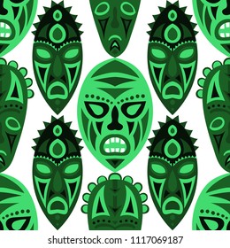 Seamless Pattern. Tribal Seamless Background with Ritual Masks for Textile or Paper. Ethnic Seamless Pattern with Color Trible Shamanic Masks for your Design. Vector Texture.