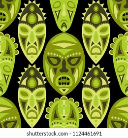 Seamless Pattern. Tribal Seamless Background with Ritual Masks for Textile or Paper. Ethnic Seamless Pattern with Color Trible Shamanic Masks for your Design. Vector Texture.