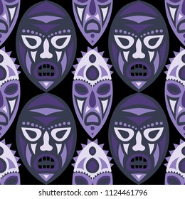 Seamless Pattern. Tribal Seamless Background with Ritual Masks for Poster or Banner. Ethnic Seamless Background with Color Trible Ritual Masks for your Design. Vector Texture.