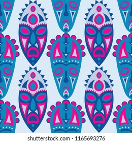 Seamless Pattern. Tribal Seamless Background with Ritual Masks for Poster or Banner. Ethnic Seamless Pattern with Color Trible Shamanic Masks for your Design. Vector Texture.