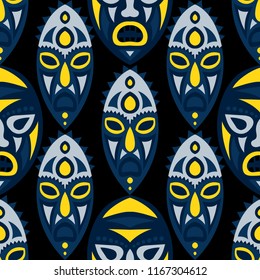 Seamless Pattern. Tribal Seamless Background with Ritual Masks for Print or Card. Ethnic Seamless Background with Color Trible Ritual Masks for your Design. Vector Texture.