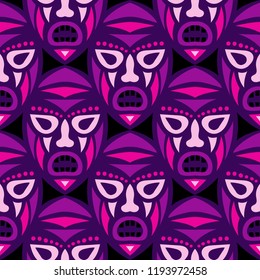 Seamless Pattern. Tribal Seamless Background with Ritual Masks for Textile or Paper. Ethnic Seamless Background with Color Trible Ritual Masks for your Design. Vector Texture.