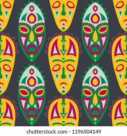 Seamless Pattern. Tribal Seamless Background with Ritual Masks for Textile or Paper. Ethnic Seamless Background with Color Trible Ritual Masks for your Design. Vector Texture.