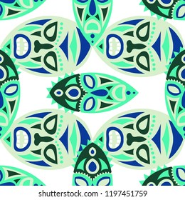 Seamless Pattern. Tribal Seamless Background with Ritual Masks for Textile or Paper. Ethnic Seamless Pattern with Color Trible Shamanic Masks for your Design. Vector Texture.