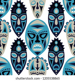 Seamless Pattern. Tribal Seamless Background with Ritual Masks for Textile or Paper. Ethnic Seamless Background with Color Trible Ritual Masks for your Design. Vector Texture.