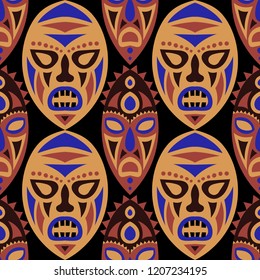 Seamless Pattern. Tribal Seamless Background with Ritual Masks for Card or Poster. Ethnic Seamless Pattern with Color Trible Shamanic Masks for your Design. Vector Texture.