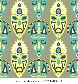 Seamless Pattern. Tribal Seamless Background with Ritual Masks for Print or Card. Ethnic Seamless Pattern with Color Trible Shamanic Masks for your Design. Vector Texture.