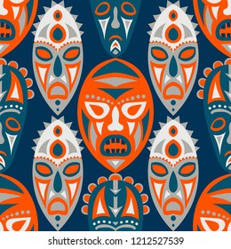 Seamless Pattern. Tribal Seamless Background with Ritual Masks for Poster or Banner. Ethnic Seamless Background with Color Trible Ritual Masks for your Design. Vector Texture.