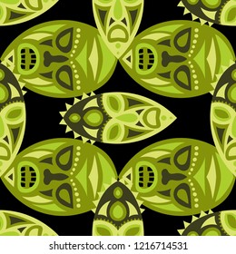 Seamless Pattern. Tribal Seamless Background with Ritual Masks for Textile or Paper. Ethnic Seamless Background with Color Trible Ritual Masks for your Design. Vector Texture.