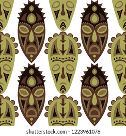 Seamless Pattern. Tribal Seamless Background with Ritual Masks for Card or Poster. Ethnic Seamless Pattern with Color Trible Shamanic Masks for your Design. Vector Texture.