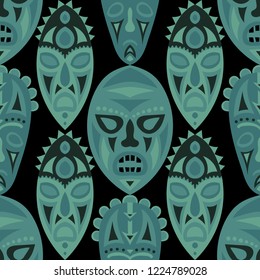 Seamless Pattern. Tribal Seamless Background with Ritual Masks for Card or Poster. Ethnic Seamless Background with Color Trible Ritual Masks for your Design. Vector Texture.