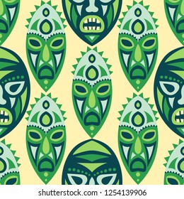 Seamless Pattern. Tribal Seamless Background with Ritual Masks for Print or Card. Ethnic Seamless Pattern with Color Trible Shamanic Masks for your Design. Vector Texture.