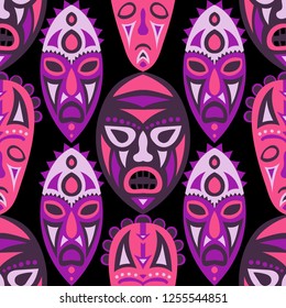 Seamless Pattern. Tribal Seamless Background with Ritual Masks for Card or Poster. Ethnic Seamless Pattern with Color Trible Shamanic Masks for your Design. Vector Texture.