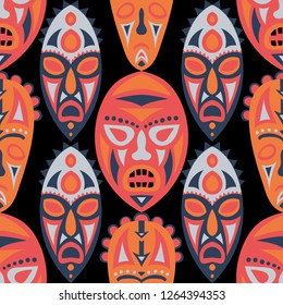 Seamless Pattern. Tribal Seamless Background with Ritual Masks for Card or Poster. Ethnic Seamless Background with Color Trible Ritual Masks for your Design. Vector Texture.