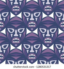 Seamless Pattern. Tribal Seamless Background with Ritual Masks for Poster or Banner. Ethnic Seamless Pattern with Color Trible Shamanic Masks for your Design. Vector Texture.