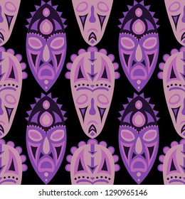 Seamless Pattern. Tribal Seamless Background with Ritual Masks for Card or Poster. Ethnic Seamless Pattern with Color Trible Shamanic Masks for your Design. Vector Texture.