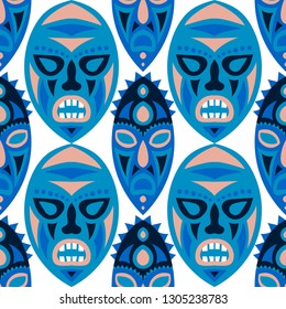 Seamless Pattern. Tribal Seamless Background with Ritual Masks for Card or Poster. Ethnic Seamless Pattern with Color Trible Shamanic Masks for your Design. Vector Texture.