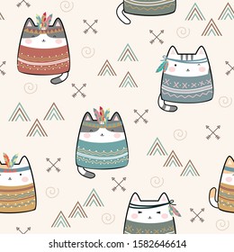 Seamless pattern with tribal boho cats. Hand drawn cute characters Cartoon Animals Background. Vector illustration