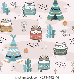 Seamless pattern with tribal boho cats. Hand drawn cute characters Cartoon Animals Background. Vector illustration