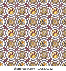 Seamless pattern with tribal boho ornate circle ornament. Vector trendy pattern