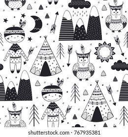 seamless pattern with tribal boy and owl in Scandinavian style - vector illustration, eps
