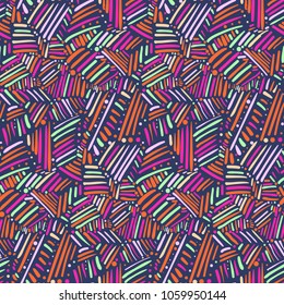 Seamless pattern with tribal chaotic hand drawn warm colors lines. Abstract fashion trendy vector texture with colorful doodle scratches for textile, wrapping paper, surface, background, wallpaper