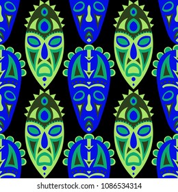 Seamless Pattern. Tribal Seamless Pattern with Color Masks for Poster or Banner. Ethnic Seamless Pattern with Color Trible Shamanic Masks for your Design. Vector Texture.