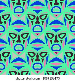 Seamless Pattern. Tribal Seamless Pattern with Color Masks for Card or Poster. Ethnic Seamless Background with Color Trible Ritual Masks for your Design. Vector Texture.
