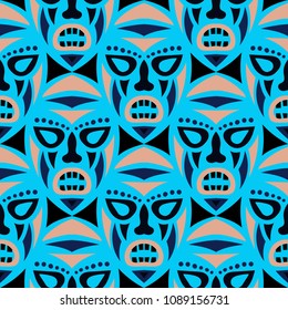 Seamless Pattern. Tribal Seamless Pattern with Color Masks for Poster or Banner. Ethnic Seamless Background with Color Trible Ritual Masks for your Design. Vector Texture.