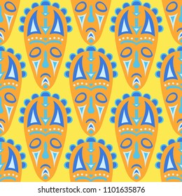 Seamless Pattern. Tribal Seamless Pattern with Color Masks for Print or Card. Ethnic Seamless Pattern with Color Trible Shamanic Masks for your Design. Vector Texture.