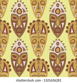 Seamless Pattern. Tribal Seamless Pattern with Color Masks for Print or Card. Ethnic Seamless Pattern with Color Trible Shamanic Masks for your Design. Vector Texture.