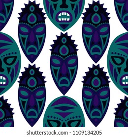 Seamless Pattern. Tribal Seamless Pattern with Color Masks for Card or Poster. Ethnic Seamless Background with Color Trible Ritual Masks for your Design. Vector Texture.