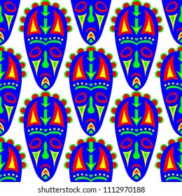 Seamless Pattern. Tribal Seamless Pattern with Color Masks for Poster or Banner. Ethnic Seamless Pattern with Color Trible Shamanic Masks for your Design. Vector Texture.