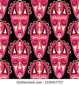 Seamless Pattern. Tribal Seamless Pattern with Color Masks for Card or Poster. Ethnic Seamless Pattern with Color Trible Shamanic Masks for your Design. Vector Texture.