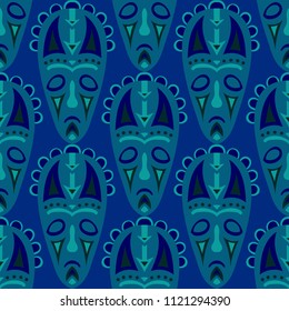Seamless Pattern. Tribal Seamless Pattern with Color Masks for Poster or Banner. Ethnic Seamless Pattern with Color Trible Shamanic Masks for your Design. Vector Texture.