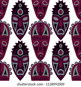 Seamless Pattern. Tribal Seamless Pattern with Color Masks for Textile or Paper. Ethnic Seamless Pattern with Color Trible Shamanic Masks for your Design. Vector Texture.