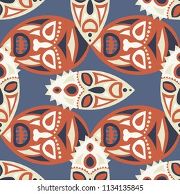 Seamless Pattern. Tribal Seamless Pattern with Color Masks for Textile or Paper. Ethnic Seamless Background with Color Trible Ritual Masks for your Design. Vector Texture.