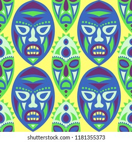 Seamless Pattern. Tribal Seamless Pattern with Color Masks for Textile or Paper. Ethnic Seamless Background with Color Trible Ritual Masks for your Design. Vector Texture.