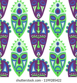 Seamless Pattern. Tribal Seamless Pattern with Color Masks for Card or Poster. Ethnic Seamless Background with Color Trible Ritual Masks for your Design. Vector Texture.
