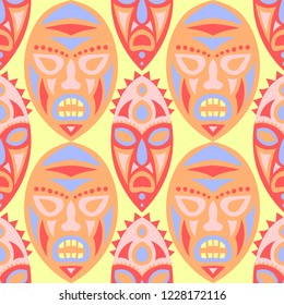 Seamless Pattern. Tribal Seamless Pattern with Color Masks for Textile or Paper. Ethnic Seamless Pattern with Color Trible Shamanic Masks for your Design. Vector Texture.