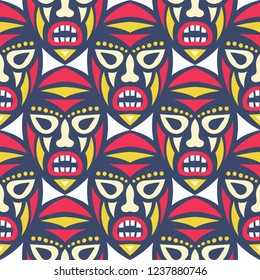 Seamless Pattern. Tribal Seamless Pattern with Color Masks for Poster or Banner. Ethnic Seamless Background with Color Trible Ritual Masks for your Design. Vector Texture.