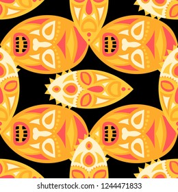 Seamless Pattern. Tribal Seamless Pattern with Color Masks for Card or Poster. Ethnic Seamless Background with Color Trible Ritual Masks for your Design. Vector Texture.