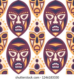 Seamless Pattern. Tribal Seamless Pattern with Color Masks for Poster or Banner. Ethnic Seamless Background with Color Trible Ritual Masks for your Design. Vector Texture.