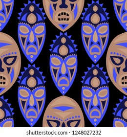 Seamless Pattern. Tribal Seamless Pattern with Color Masks for Print or Card. Ethnic Seamless Pattern with Color Trible Shamanic Masks for your Design. Vector Texture.