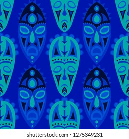Seamless Pattern. Tribal Seamless Pattern with Color Masks for Poster or Banner. Ethnic Seamless Pattern with Color Trible Shamanic Masks for your Design. Vector Texture.