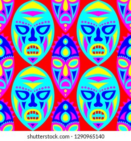 Seamless Pattern. Tribal Seamless Pattern with Color Masks for Textile or Paper. Ethnic Seamless Pattern with Color Trible Shamanic Masks for your Design. Vector Texture.