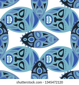 Seamless Pattern. Tribal Seamless Pattern with Color Masks for Poster or Banner. Ethnic Seamless Background with Color Trible Ritual Masks for your Design. Vector Texture.