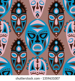 Seamless Pattern. Tribal Seamless Pattern with Color Masks for Poster or Banner. Ethnic Seamless Pattern with Color Trible Shamanic Masks for your Design. Vector Texture.