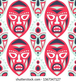 Seamless Pattern. Tribal Seamless Pattern with Color Masks for Poster or Banner. Ethnic Seamless Background with Color Trible Ritual Masks for your Design. Vector Texture.
